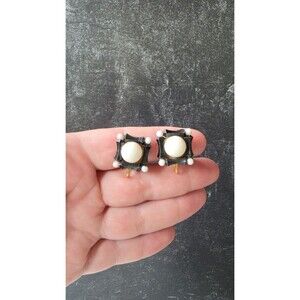 White & Black Plastic Gold Tone Metal Clip-on Earrings Vintage Costume Jewelry